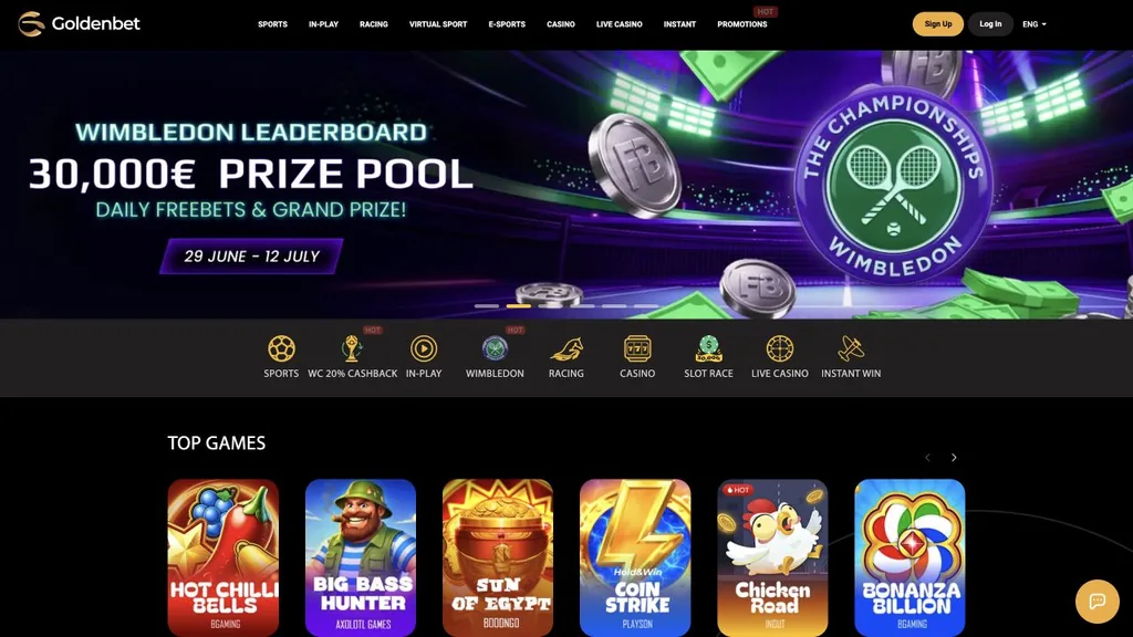 GoldenBet casino homepage screenshot showing the lobby, navigation and top games