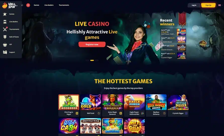 Hellspin homepage showing its live casino carousel and hottest games lobby