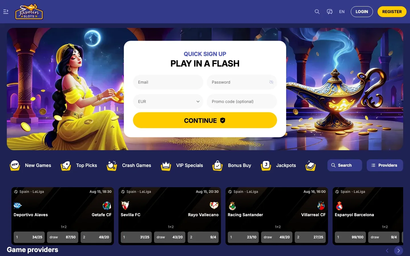 JasminSlots casino real homepage screenshot showing its quick sign-up panel, games menu and LaLiga betting markets