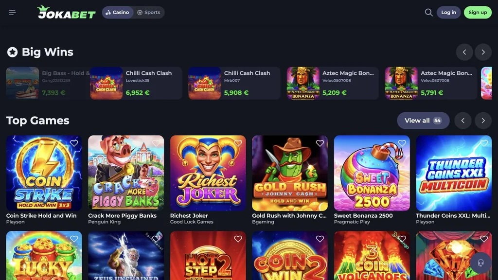 Jokabet casino homepage screenshot showing the lobby and top games