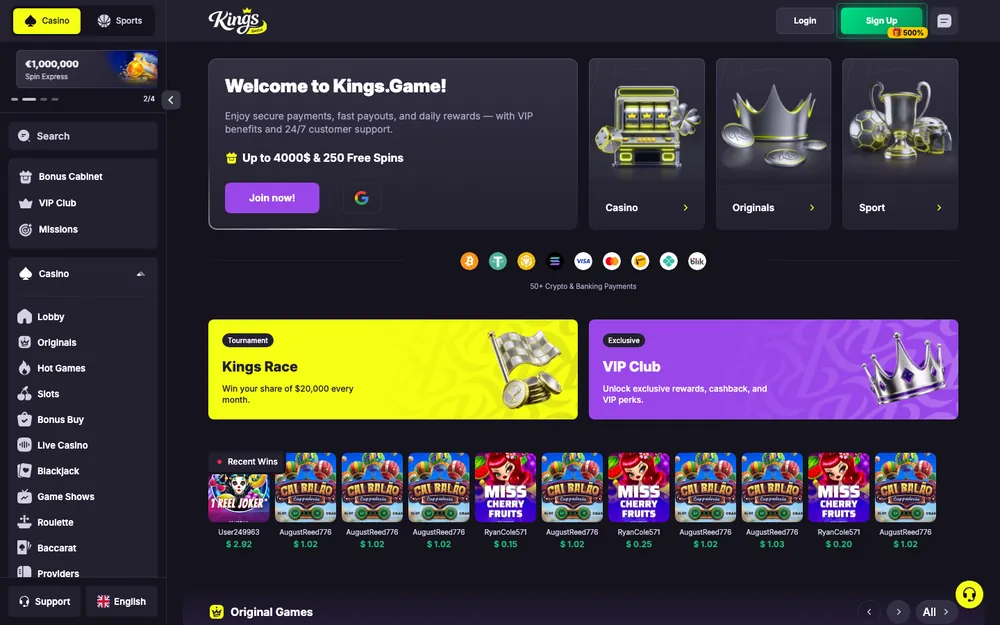 Kings Game real homepage screenshot showing the live lobby