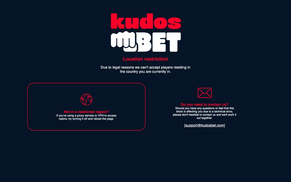 Kudosbet real screenshot showing its location-restriction page for UK visitors