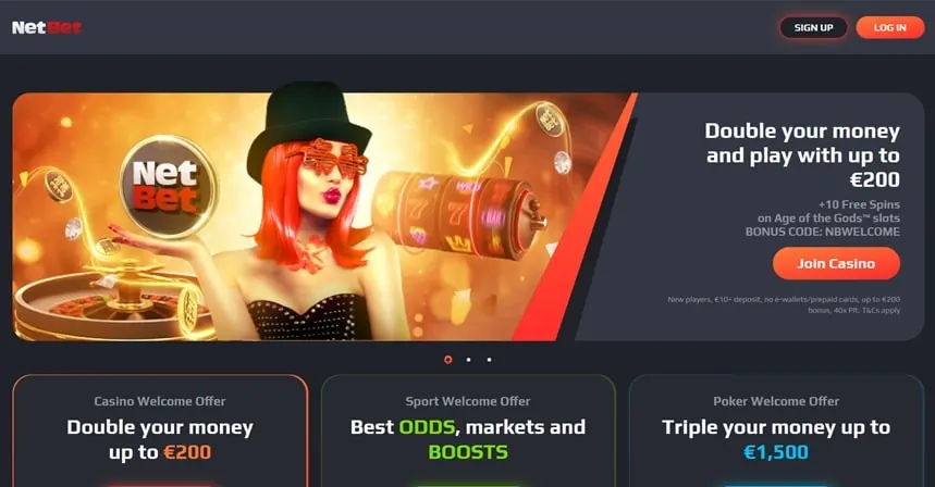 NetBet homepage screenshot showing the casino lobby