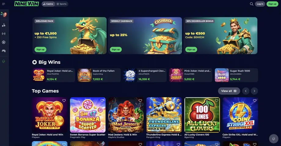 NineWin casino homepage screenshot showing the games lobby and welcome offer