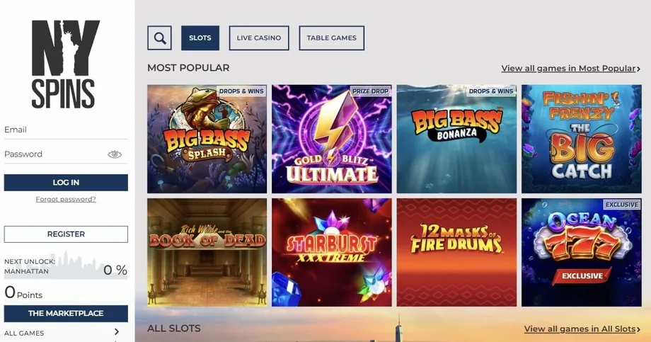NY Spins casino homepage screenshot