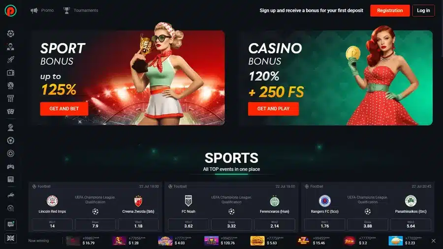 Pin-Up Casino homepage showing its sport and casino welcome bonuses and live fixtures