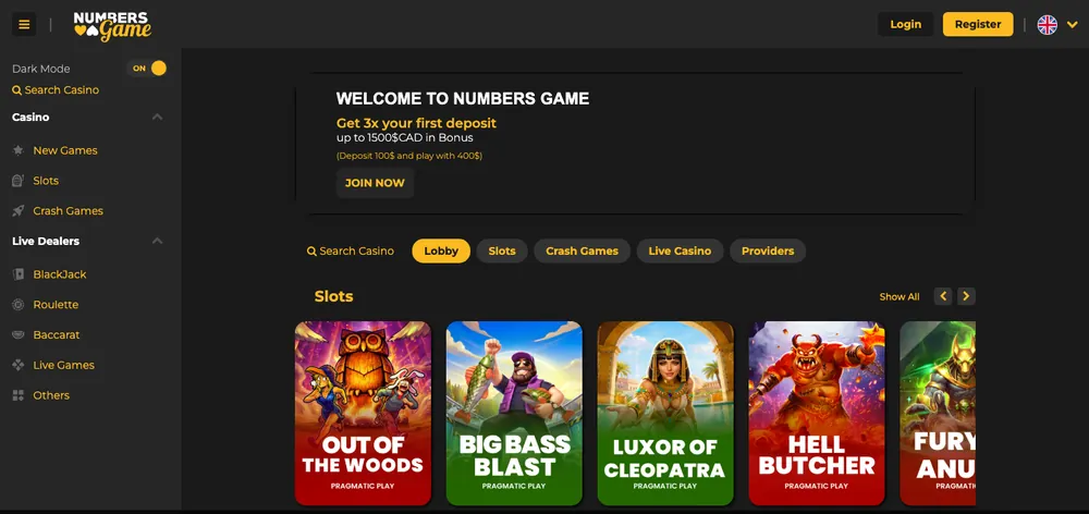 Numbers Game casino real homepage screenshot showing the lobby and slots