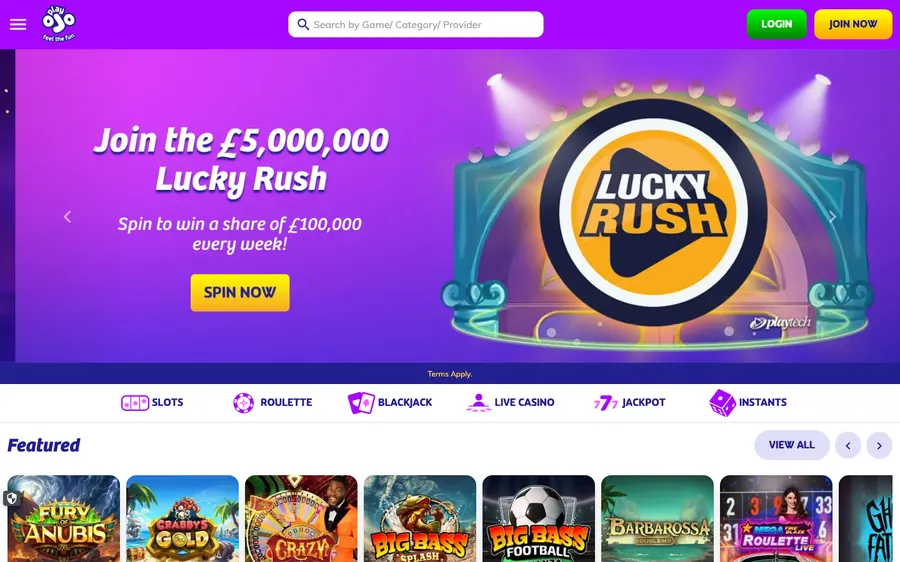 PlayOJO casino homepage screenshot