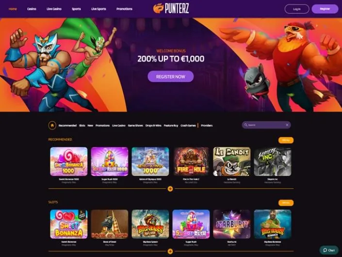 Punterz casino real homepage screenshot showing the welcome bonus and slots lobby