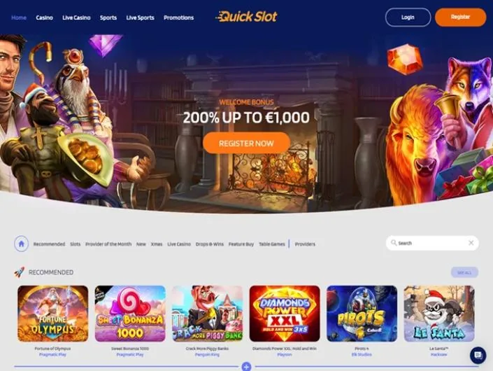 QuickSlot casino real homepage screenshot showing the welcome bonus and games lobby