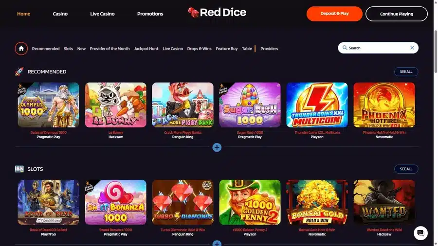 RedDice homepage showing its game categories and recommended slots