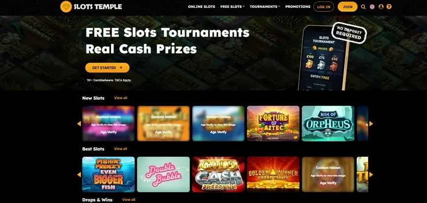 Slots Temple casino homepage screenshot