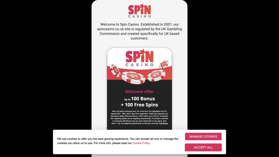 Spin Casino live homepage screenshot
