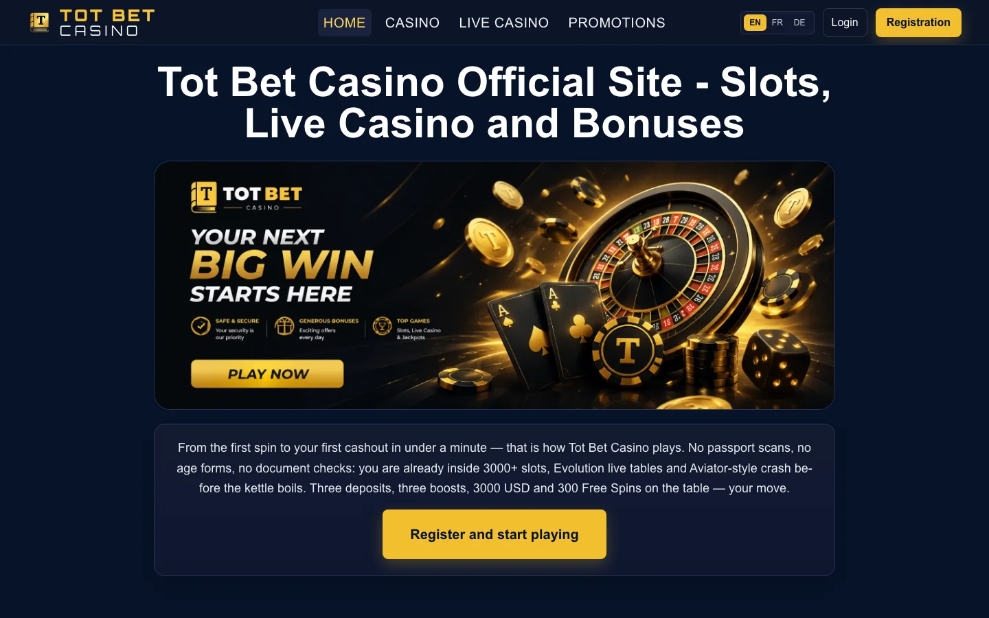Tot Bet Casino, a new online casino launched July 2026, real homepage screenshot showing its slots and Evolution live casino lobby