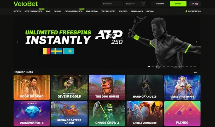 Velobet casino homepage screenshot