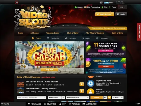 Videoslots casino homepage screenshot showing the games lobby
