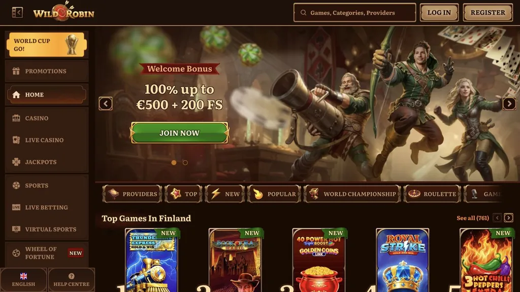 Wild Robin casino homepage screenshot showing the lobby and welcome offer