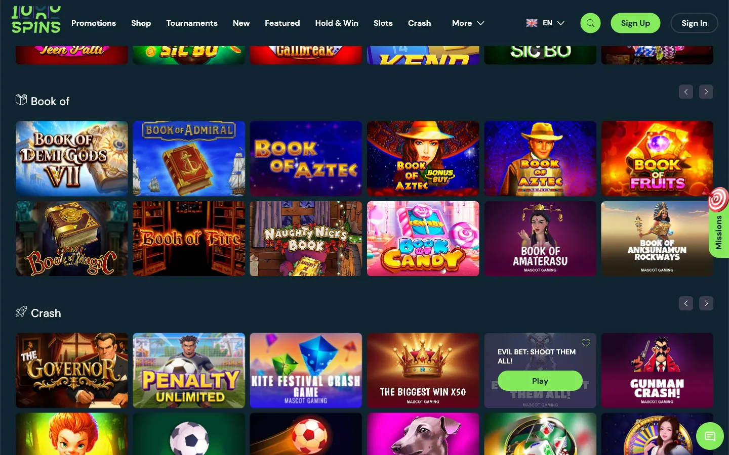 1000 Spins Casino lobby screenshot showing the Book of and Crash shelves and the game grid