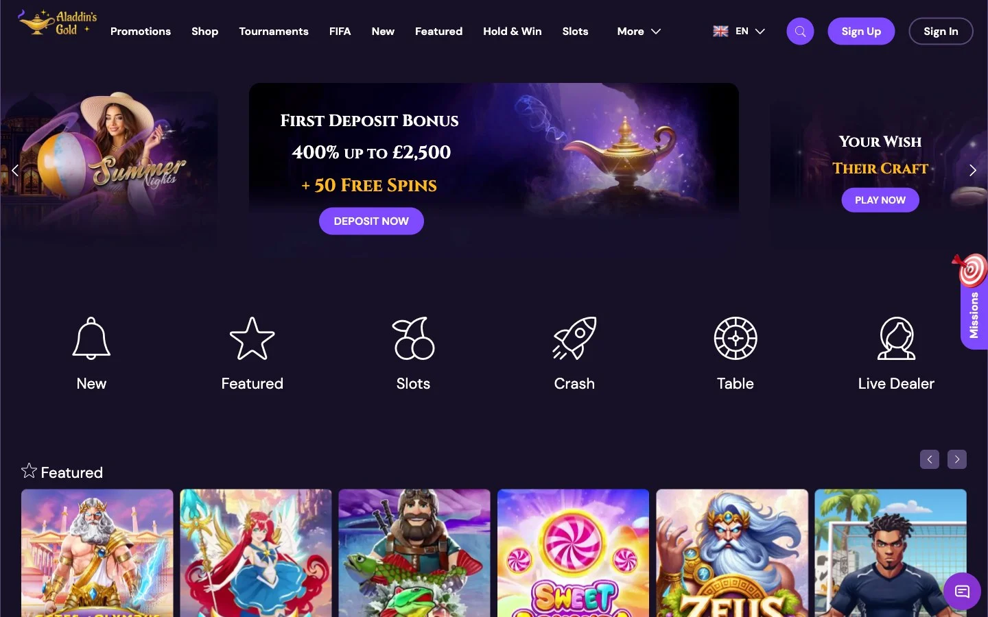Aladdins Gold Casino homepage screenshot showing the gold lamp hero banner, the 400 per cent first deposit bonus up to 2500 pounds and the six category icons