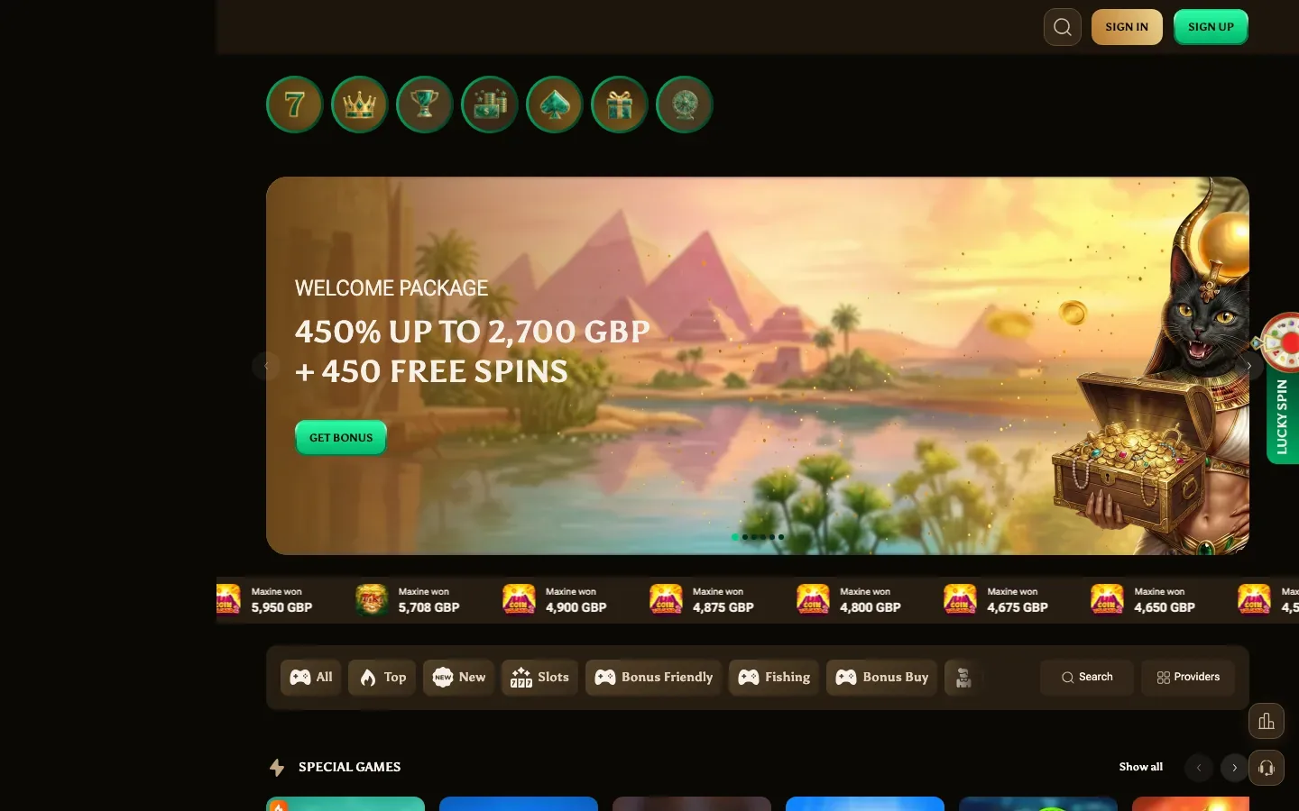Amunbet Casino homepage screenshot showing the 450 per cent welcome package and the game category filters