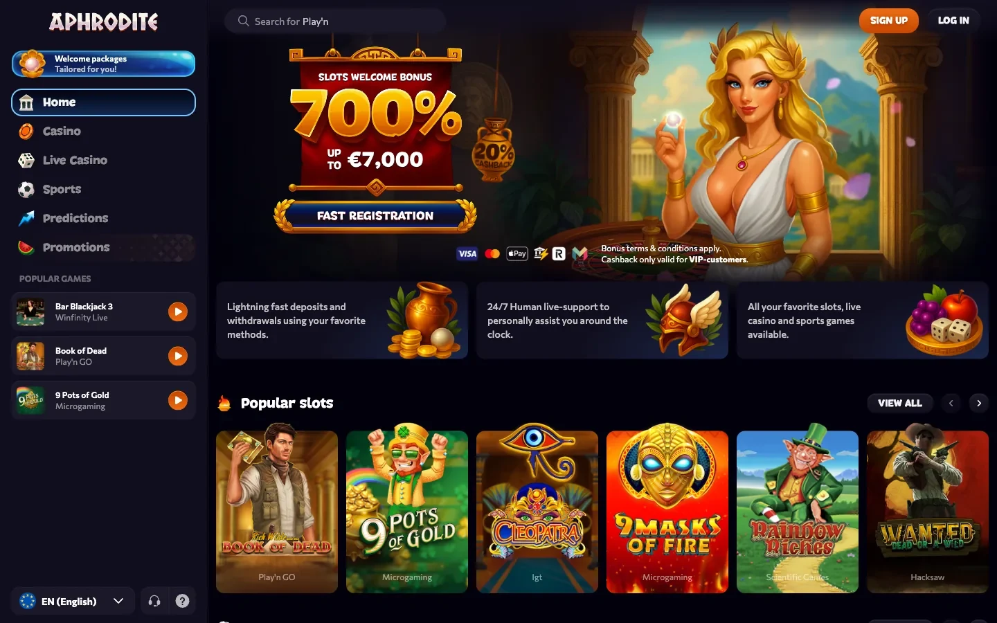 Aphrodite Casino homepage screenshot showing the classical goddess banner, the 700 per cent slots welcome bonus up to 7,000 euros and the Popular Slots row