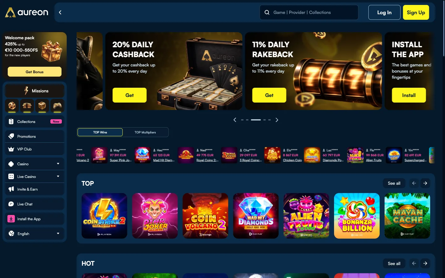 Aureonplay, a new online casino launched February 2026, real homepage screenshot showing the welcome pack, daily cashback banners and the top games row