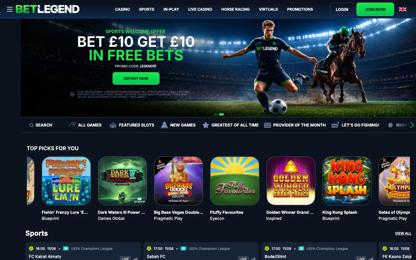 BetLegend, a new UK online casino launched August 2026, real homepage screenshot showing the sports welcome banner and the Top Picks games row