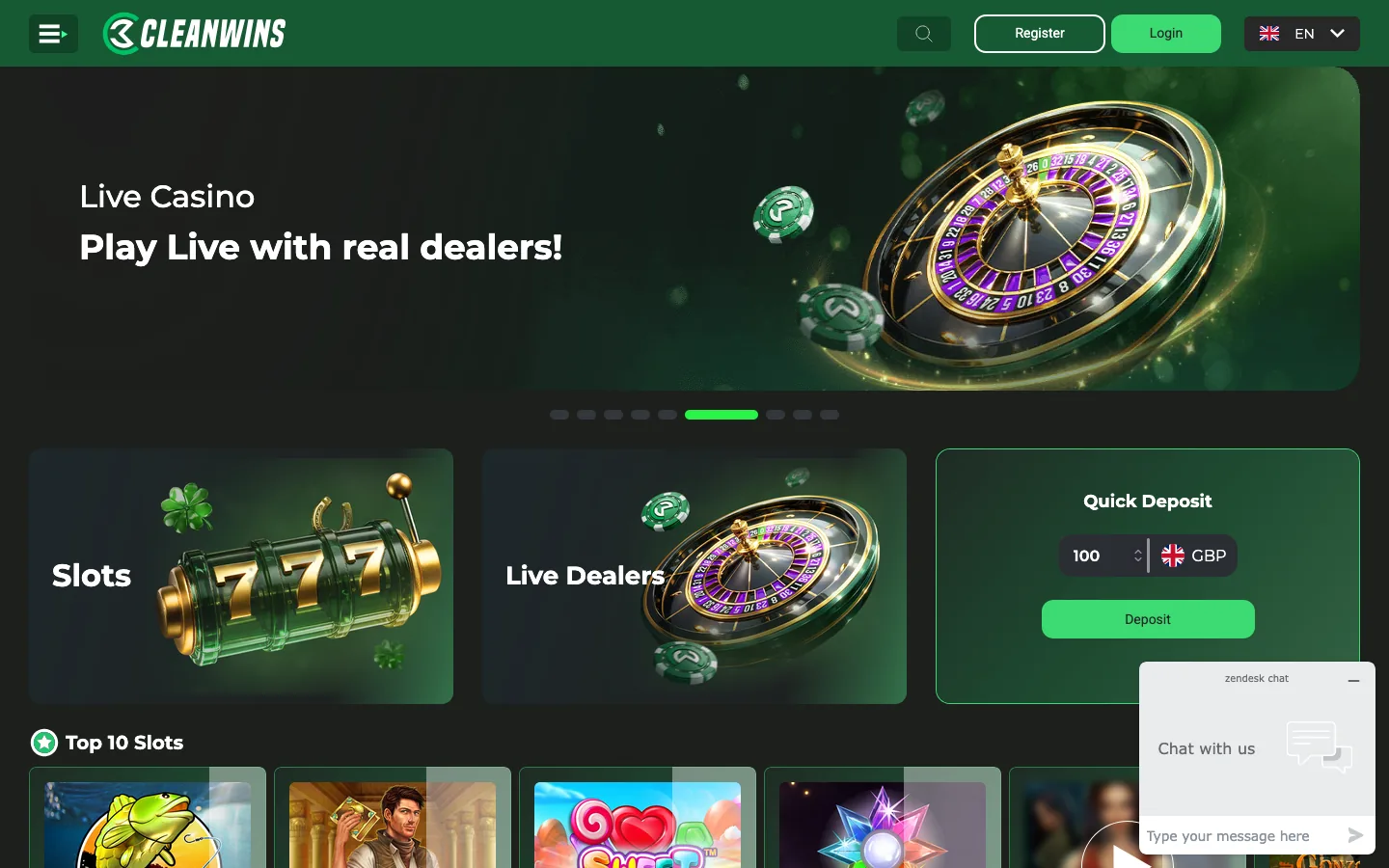 Cleanwins Casino homepage screenshot showing the Live Casino banner, the Slots and Live Dealers cards, and a Quick Deposit box set to GBP