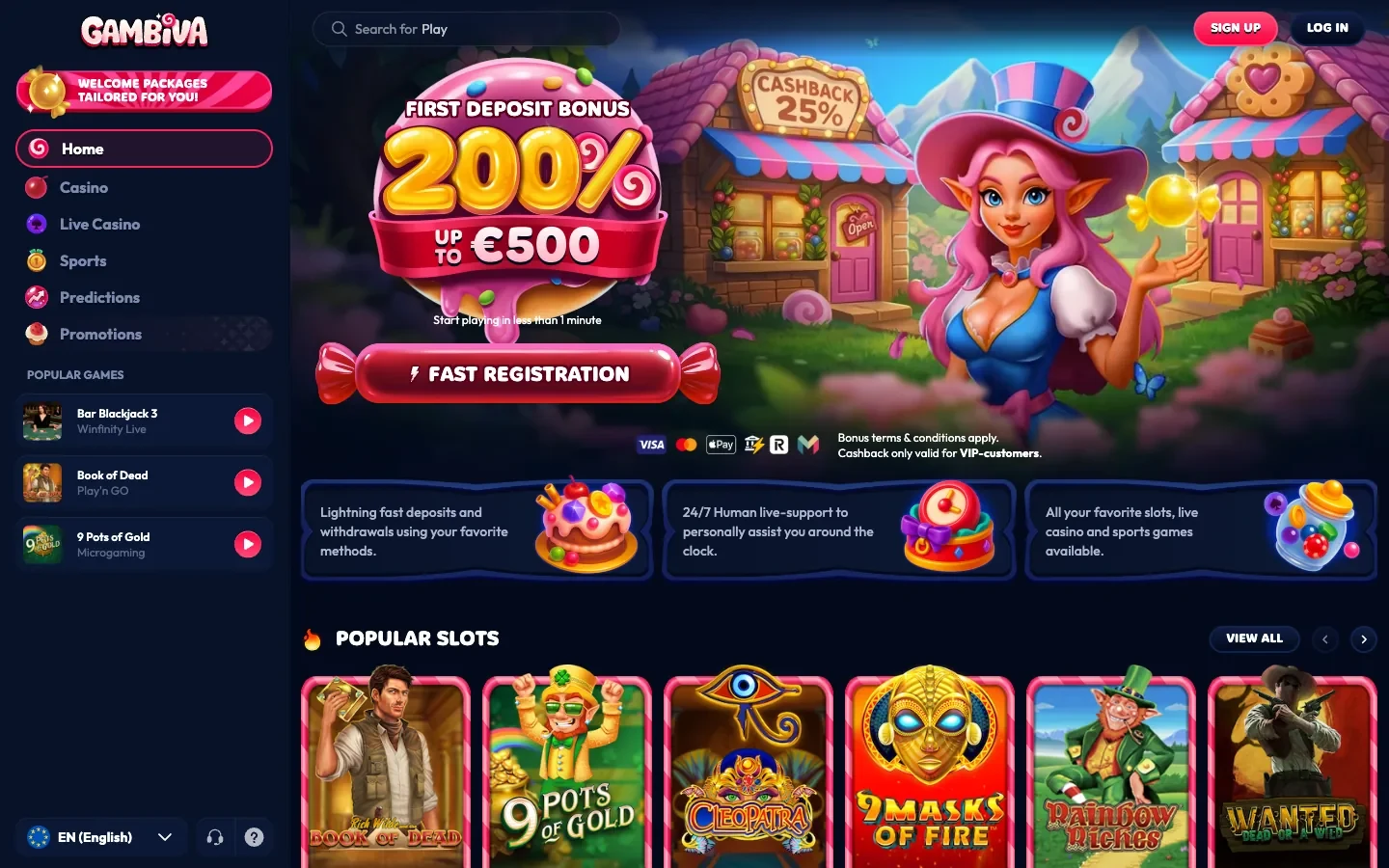 Gambiva homepage screenshot showing the candy-shop banner, the 200 per cent first deposit bonus up to 500 euros and the Popular Slots row