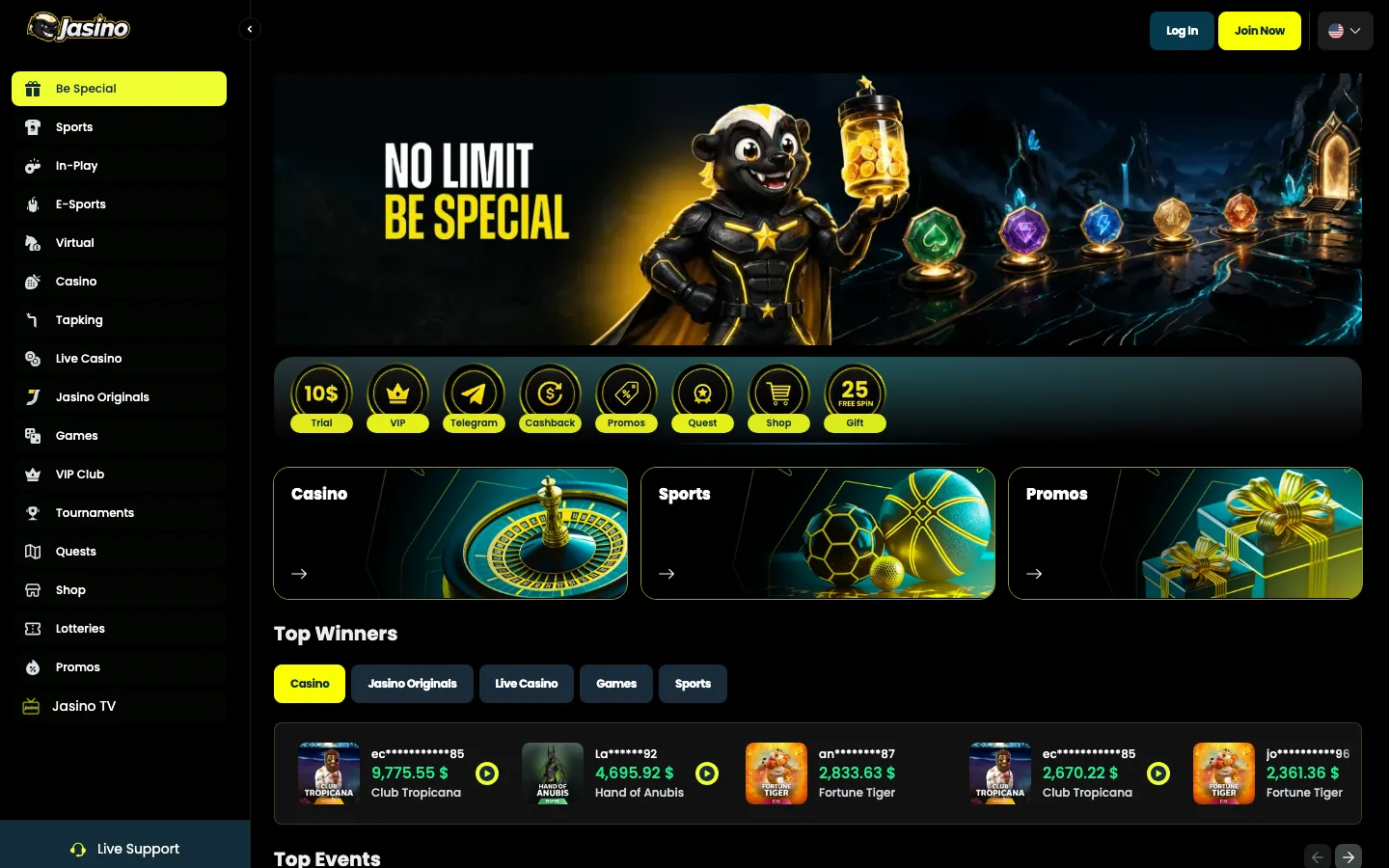Jasino casino real homepage screenshot showing the Be Special banner, the casino and sports panels and the live Top Winners feed