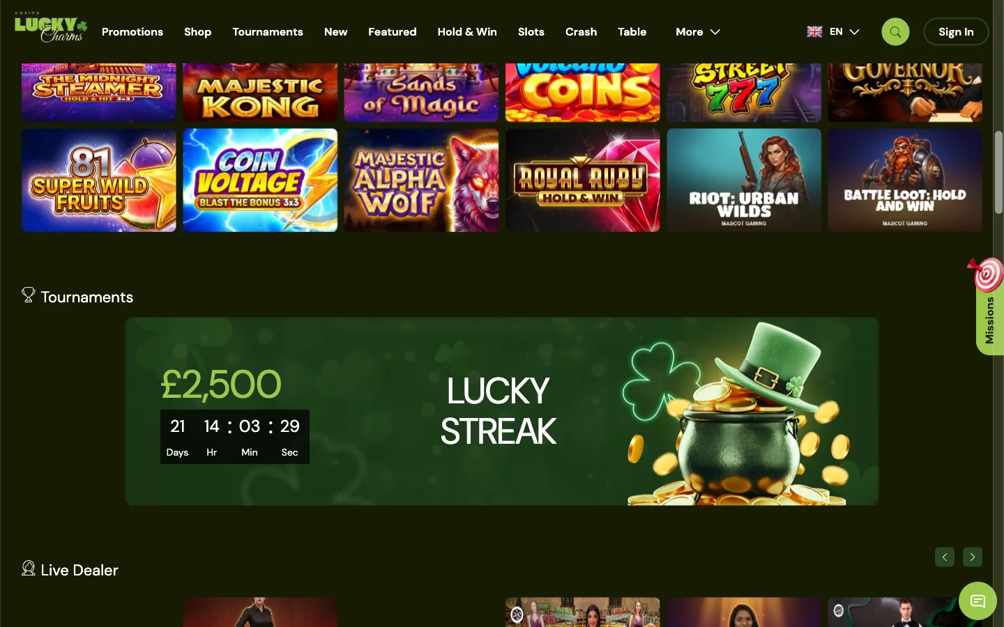 Lucky Charms casino lobby screenshot showing the slot shelves and the Lucky Streak tournament banner