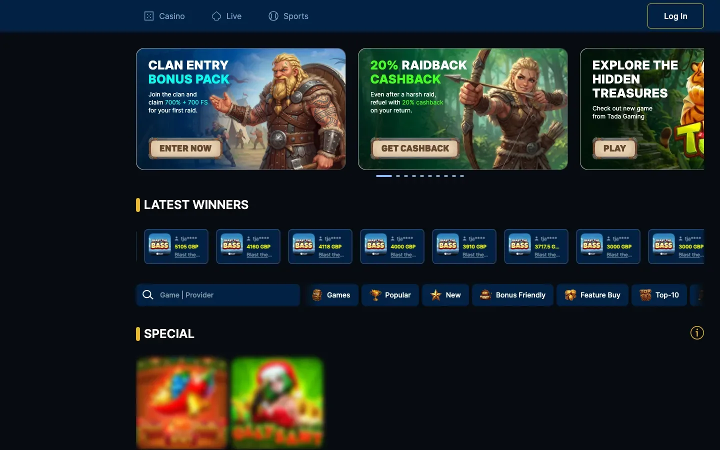Odin Fortune homepage screenshot, a new online casino launched in 2026, showing the Clan Entry bonus banner, the latest winners feed and the slot lobby