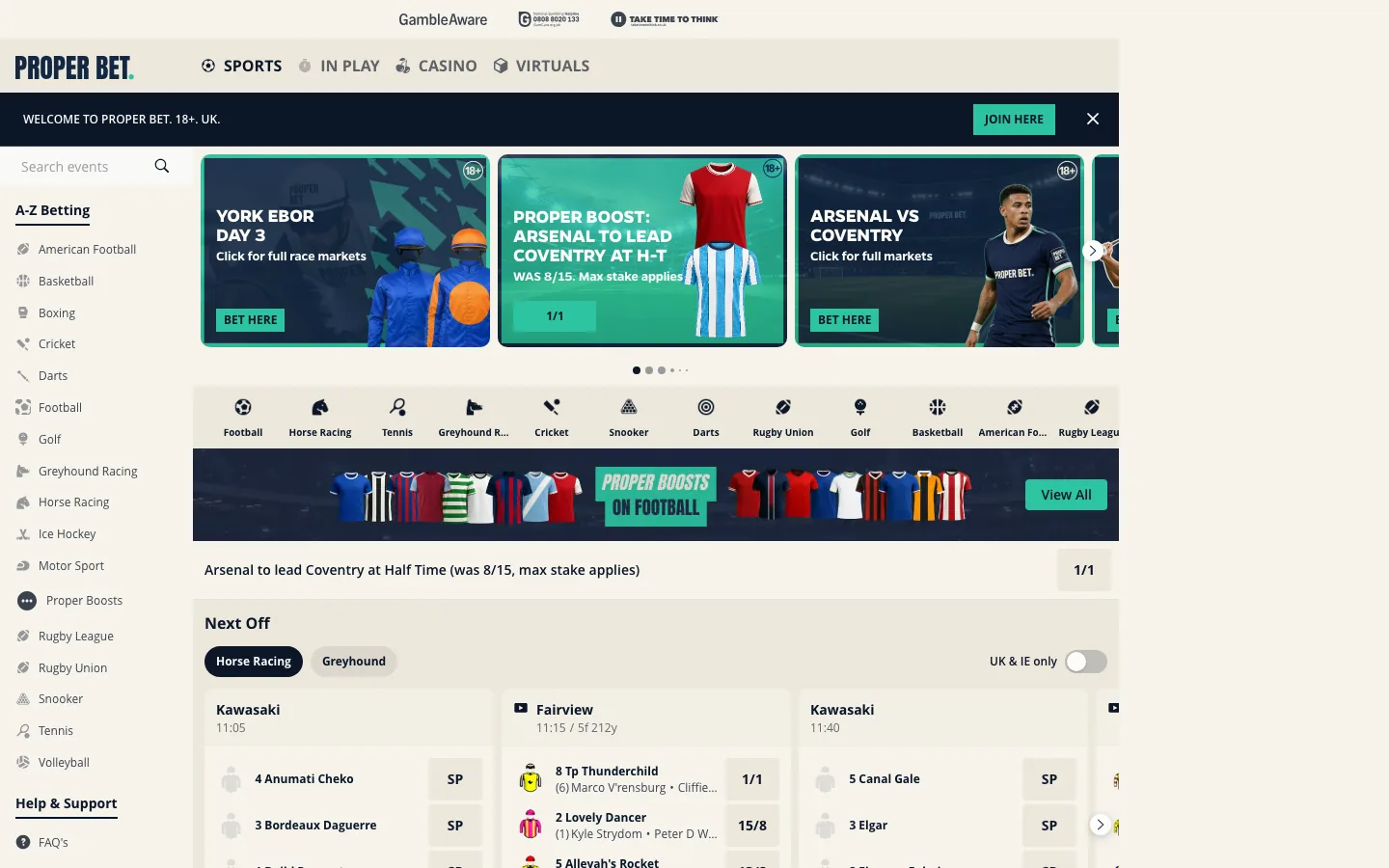 Proper Bet homepage screenshot, the new online casino and sportsbook that launched in August 2026, showing the York Ebor and Arsenal price boosts