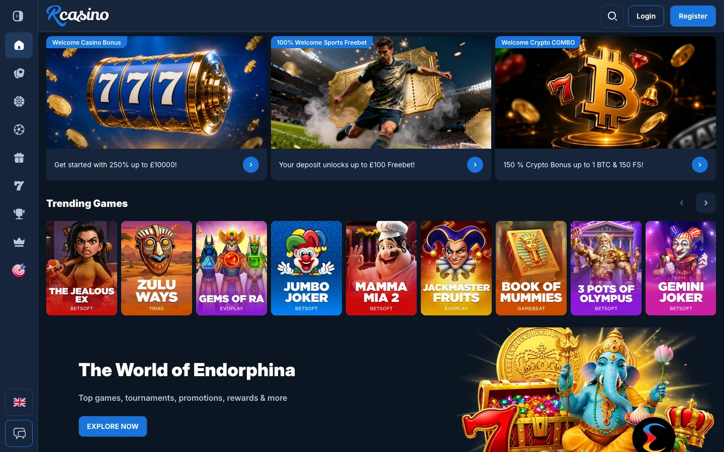 RCasino homepage screenshot showing the welcome bonus carousel, trending games row and the Endorphina promotion, captured August 2026