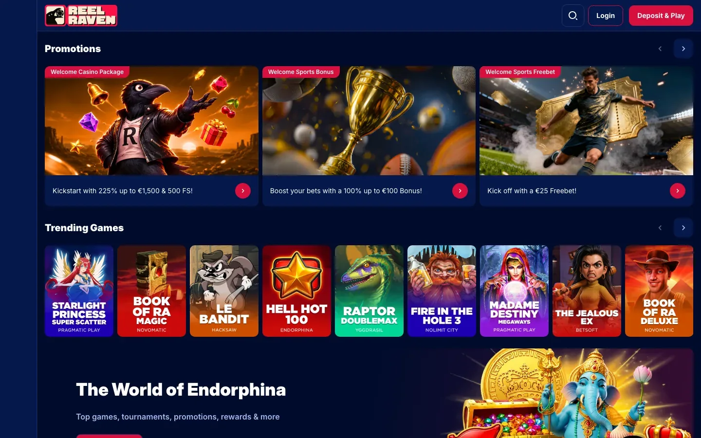 ReelRaven homepage screenshot showing the three welcome offers, the trending games row and the Endorphina panel, captured August 2026