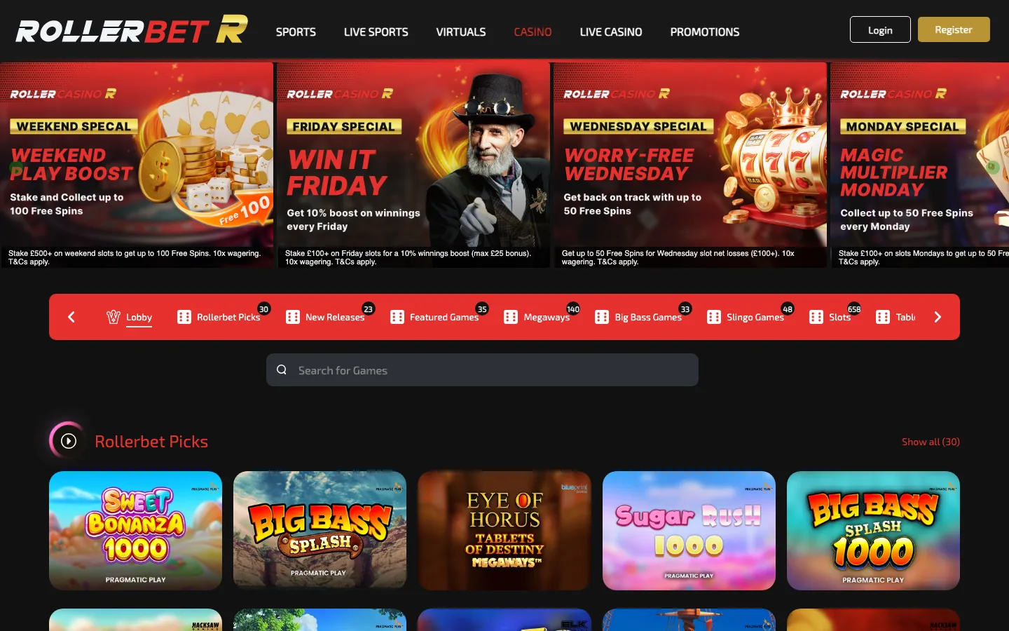 Rollerbet casino lobby screenshot showing the weekly promotion banners, the game category row with counts and the Pragmatic Play slot grid