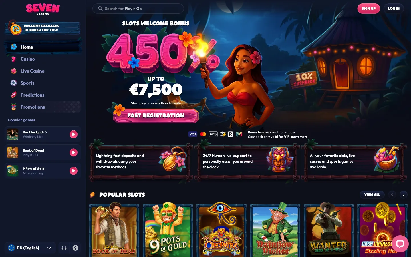 Seven Casino, an offshore casino trading since 2023, real homepage screenshot showing the 450 percent slots welcome bonus, the popular slots row and the sportsbook navigation