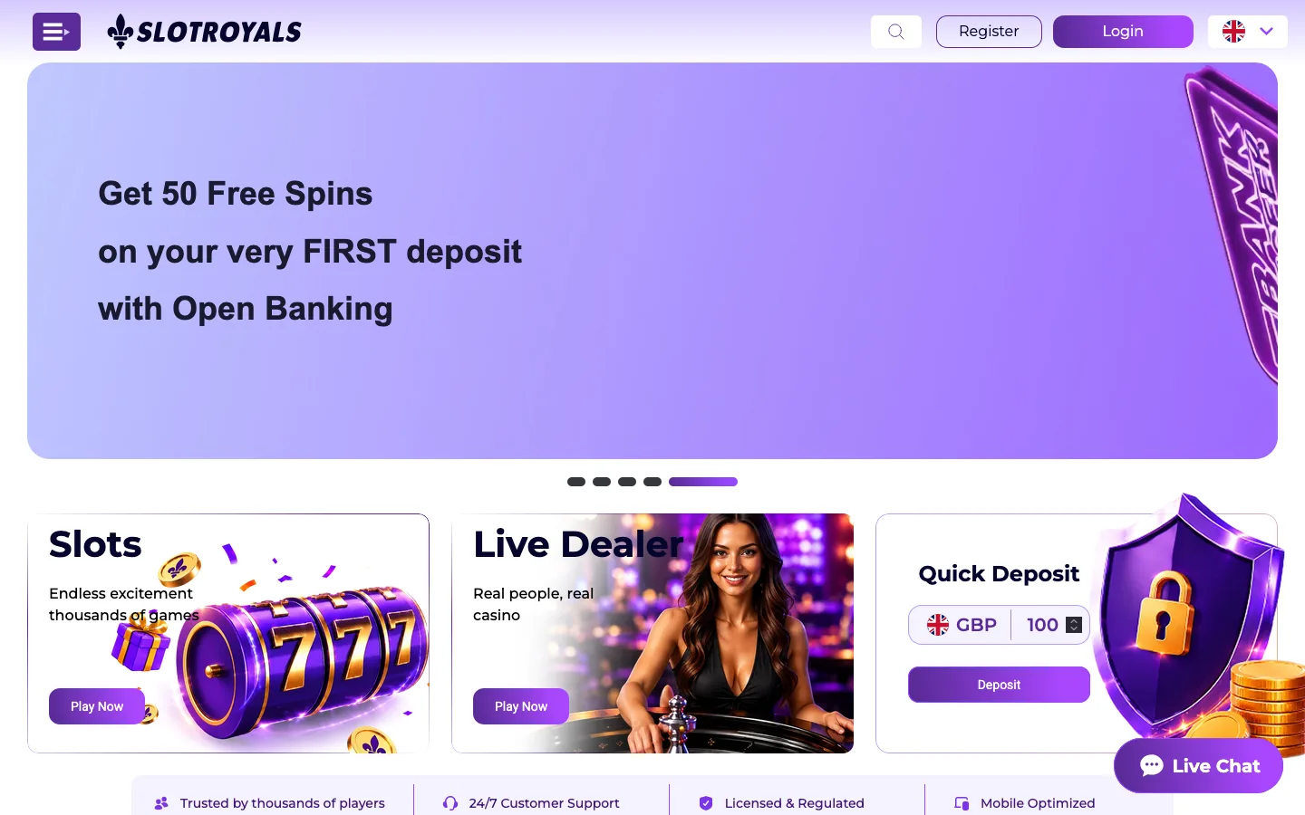 SlotRoyals Casino homepage screenshot showing the Open Banking free-spins banner, Slots and Live Dealer cards, and a Quick Deposit box set to GBP