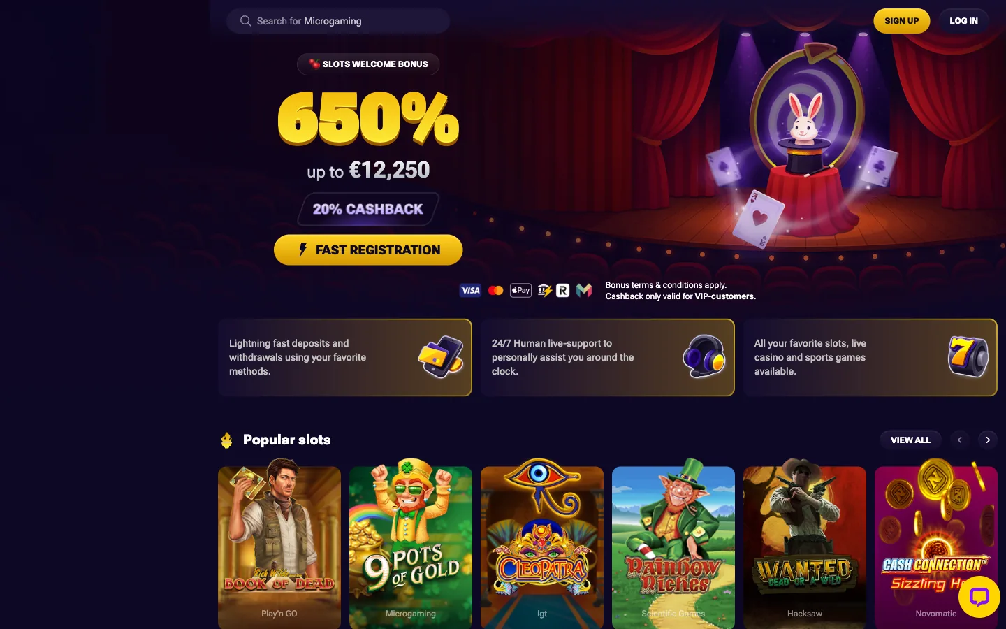 SpinTime, an offshore casino trading since late 2024, real homepage screenshot showing the 650 percent slots welcome bonus, the payment logo row and the popular slots grid