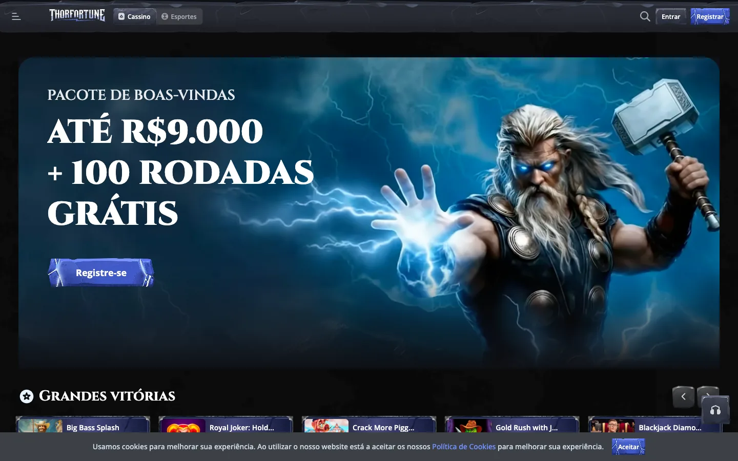 Thorfortune real homepage screenshot showing the R$9,000 welcome package banner, the big wins row and the Brazilian Portuguese navigation