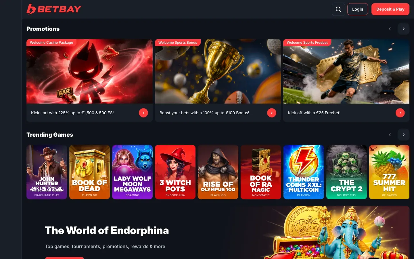 BetBay Casino homepage screenshot from September 2026, showing the welcome casino package, the sports bonus and freebet panels, and a Trending Games row led by John Hunter and Book of Dead