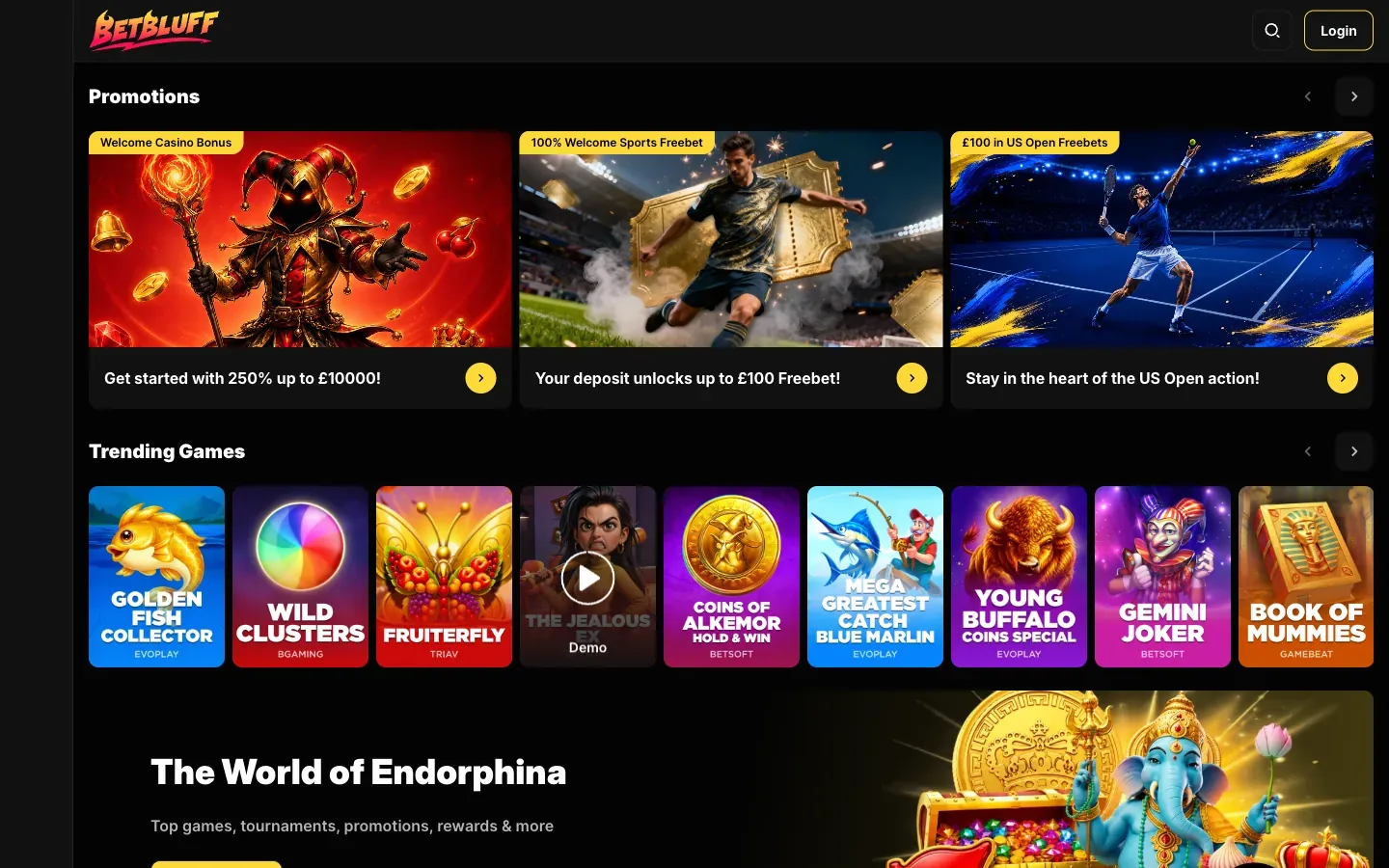 BetBluff homepage screenshot showing the three welcome promotions, the trending games row and the Endorphina panel, captured September 2026