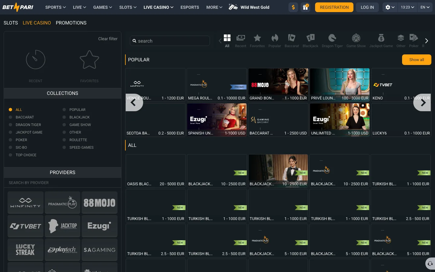 BetPari live casino lobby showing Pragmatic Play, Ezugi, Playtech and TVBET tables with stake ranges in euros
