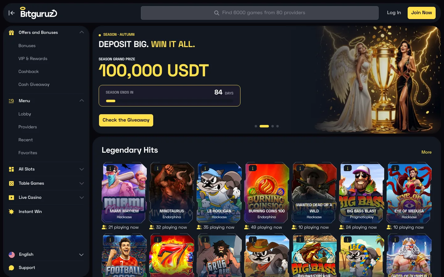 BitGuruz Casino homepage screenshot captured in September 2026, showing the autumn season giveaway banner and the Legendary Hits shelf