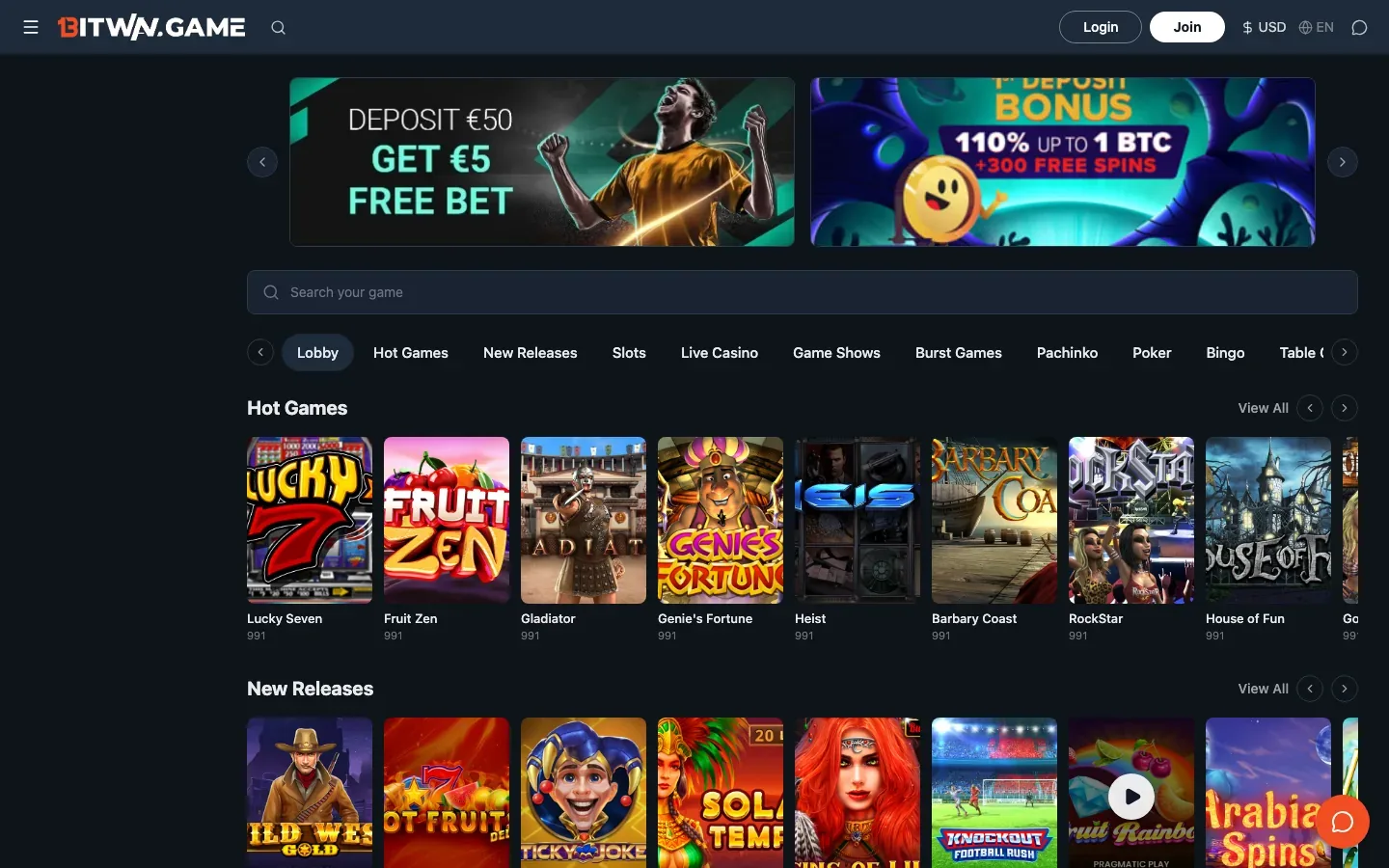 Bitwin Casino homepage screenshot, a new online casino in 2026, showing the deposit $50 free bet banner, the first deposit bonus banner and the Hot Games row