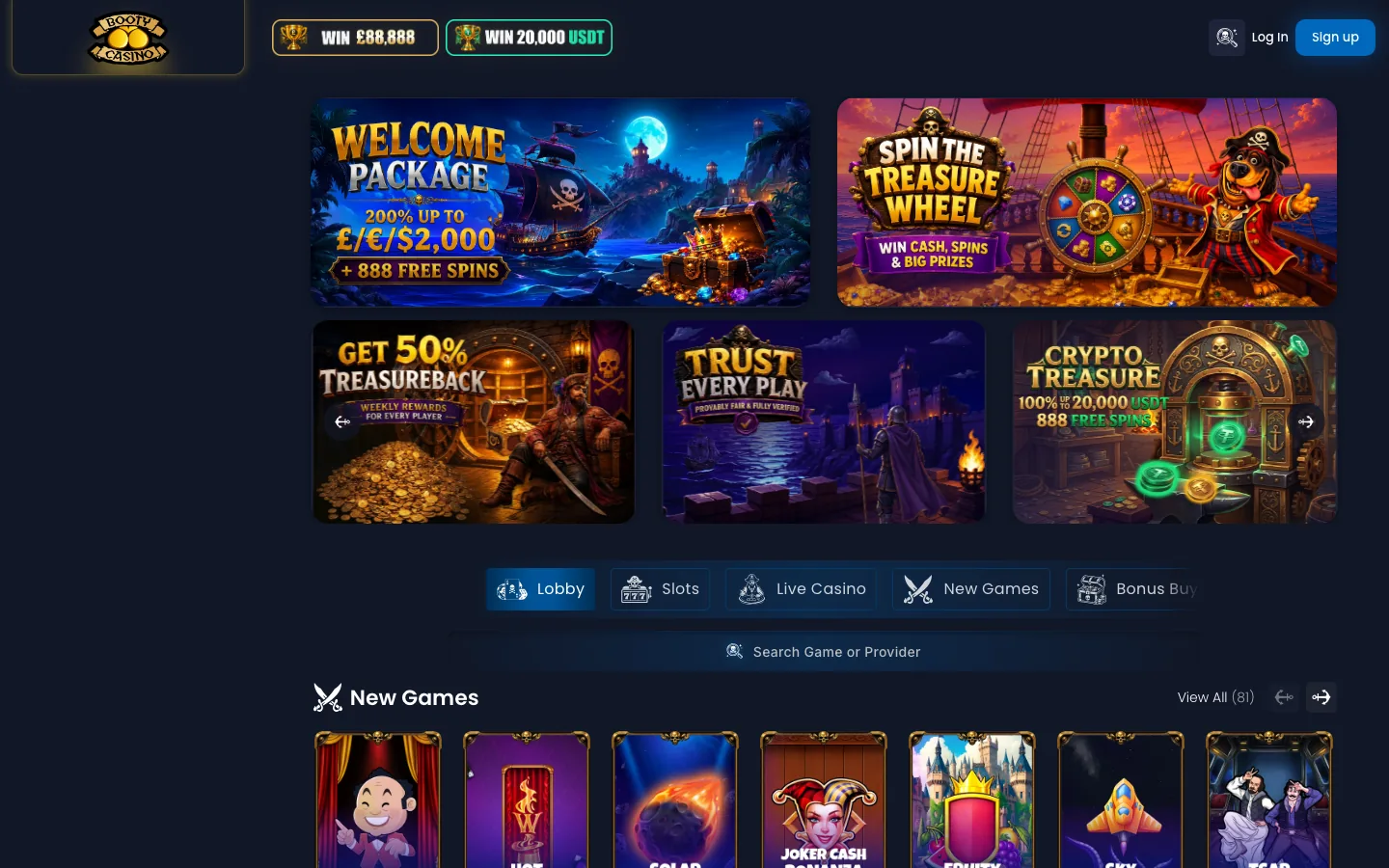 Booty Casino lobby screenshot, a new online casino in 2026, showing the 200% up to 2,000 welcome package banner, the Treasure Wheel, TreasureBack and Crypto Treasure cards and the New Games row