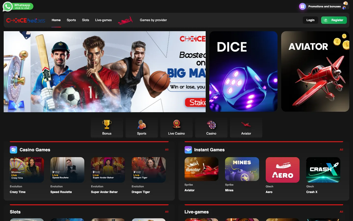 Choicebet365 homepage screenshot showing the cricket and football banner, the Dice and Aviator tiles and the Casino Games and Instant Games rows, captured September 2026