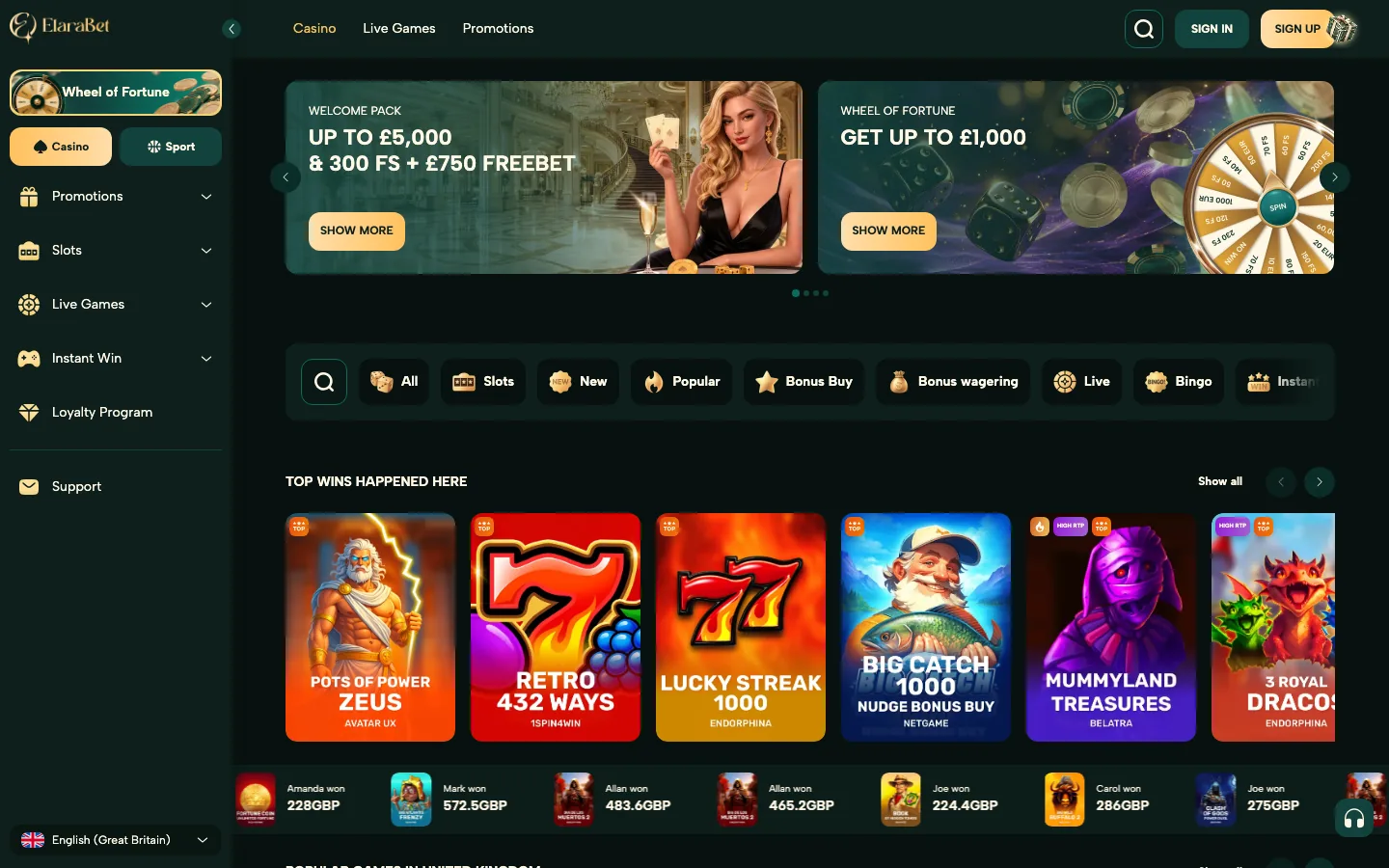Elarabet Casino lobby screenshot, a new online casino in 2026, showing the welcome pack and Wheel of Fortune banners, the game category bar and the Top Wins row