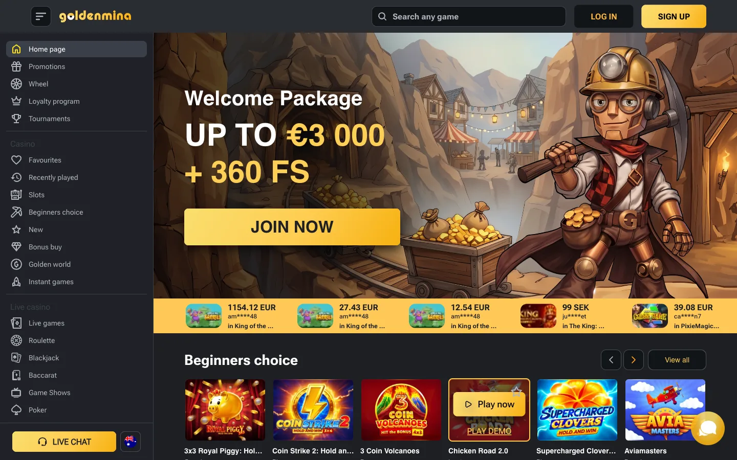 Goldenmina Casino homepage screenshot captured 6 September 2026, showing the three-part welcome package and the live winners ticker