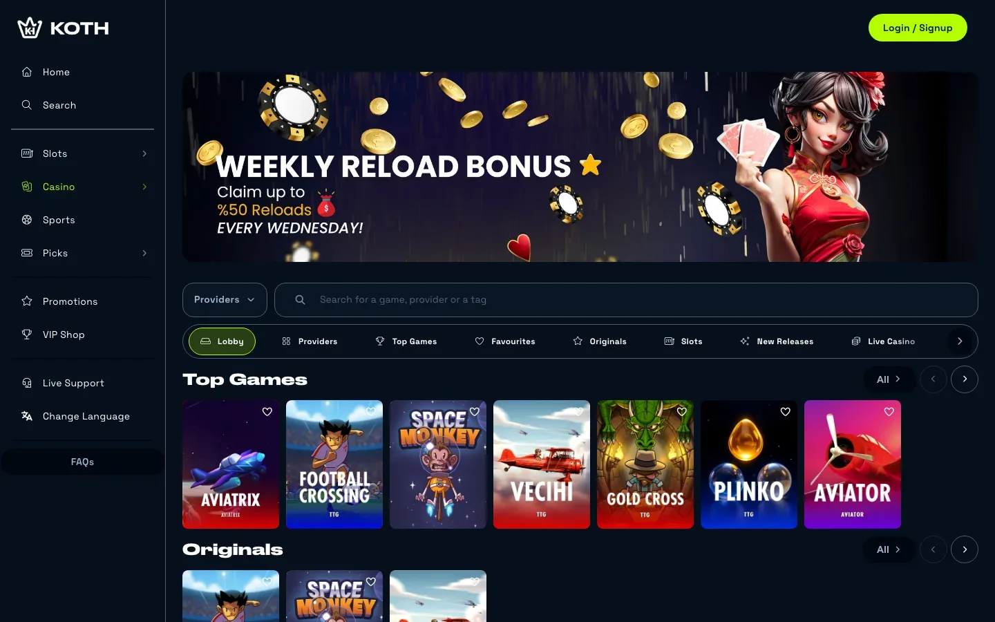KOTH Gaming casino lobby screenshot showing the left menu, the Weekly Reload Bonus banner, the lobby tabs and the Top Games row with Aviatrix, Space Monkey, Plinko and Aviator